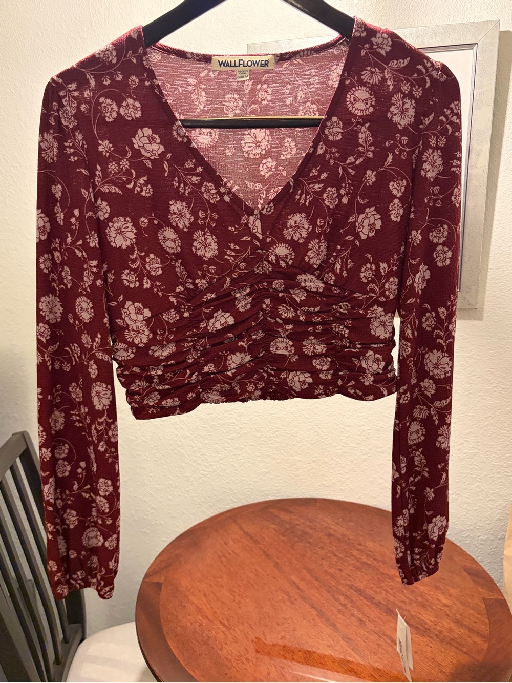 Wallflower Burgundy Floral Ruched V‑Neck Crop Top